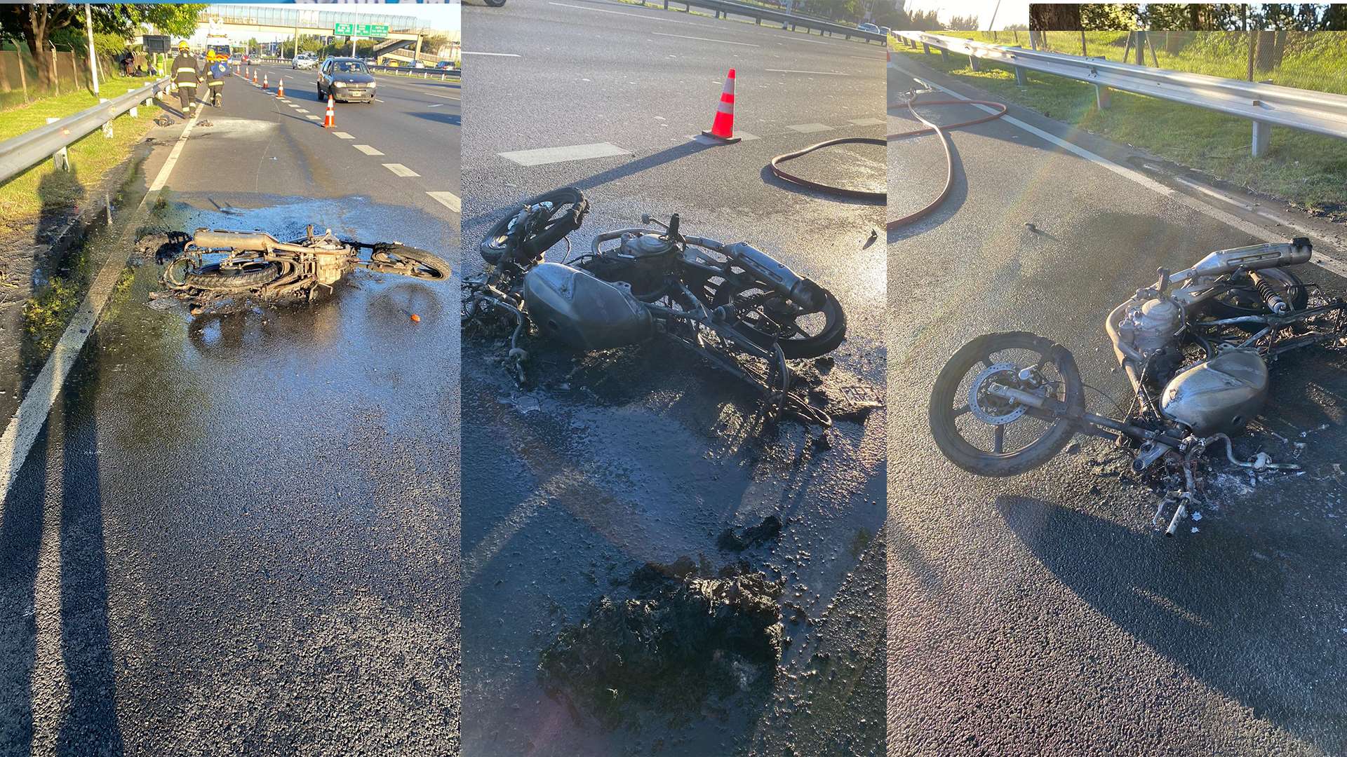 Una moto chocó a un auto en la AU del Oeste y el motociclista se prendió fuego
